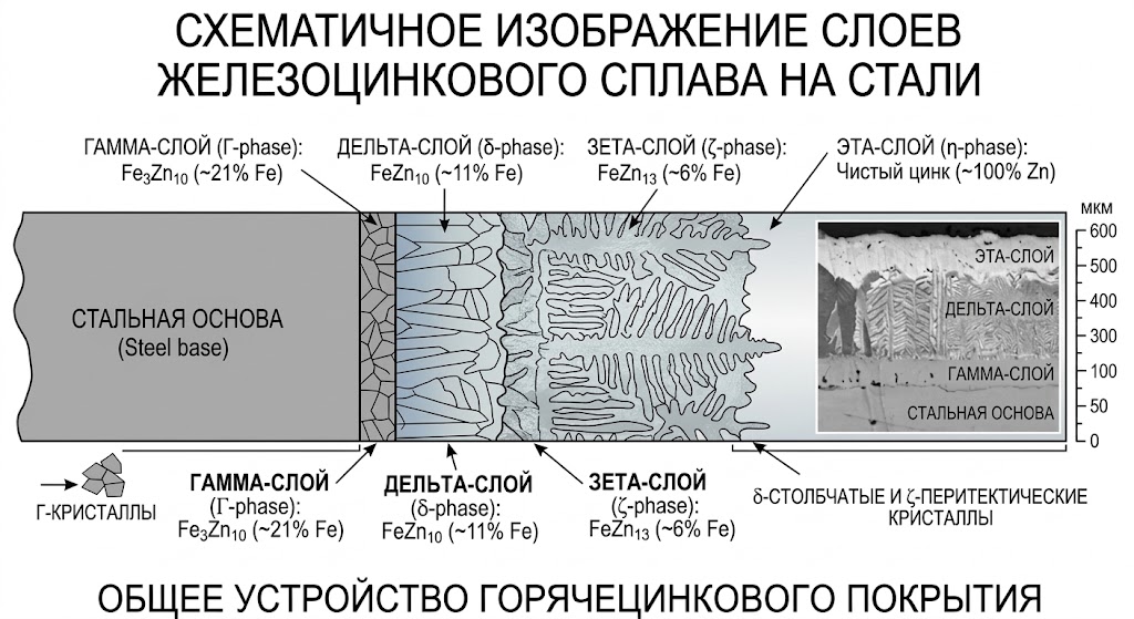 Схематичное изображение слоев железоцинкового сплава на поверхности стали